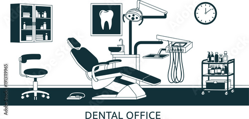 Dental office interior with chair and equipment, stomatology clinic room furniture, medical vector illustration, dentistry treatment cabinet design, modern healthcare.