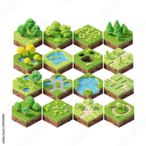 Isometric miniature landscapes showcasing diverse natural terrains and water bodies