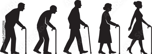 Aging progression walking silhouette set, elderly men women with cane isolated black vector illustration