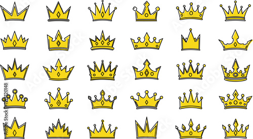 Golden crown icon collection, yellow king and queen royal symbol, luxury jewelry vector illustration isolated on white background.
