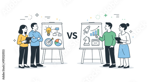 Creative Idea Showdown. Competing ideas. Teams presenting different ideas on boards, facing each other with calm confidence. Healthy competition, focus on