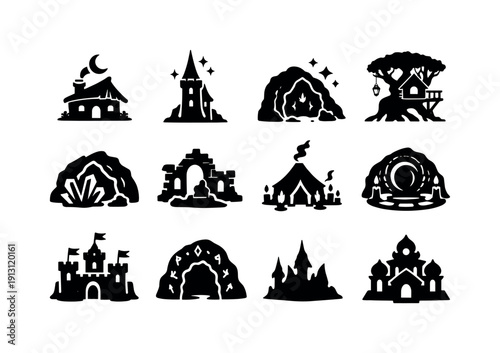    Fantasy lairs. Solid icon set of fantasy lairs: wizard lair, sorcerer tower, enchanted cave, magical hideout, crystal cave, ancient ruins