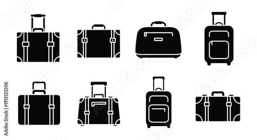Collection of black suitcase icons in various styles and sizes