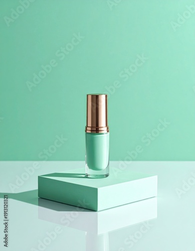 Mint Green Cosmetic on Block Display Against Light Teal Background Studio Shot
