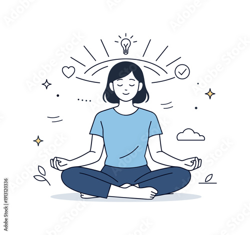 Focus through self-care. A character gently stretching or meditating, with light lines around the head symbolizing clear thoughts and mental