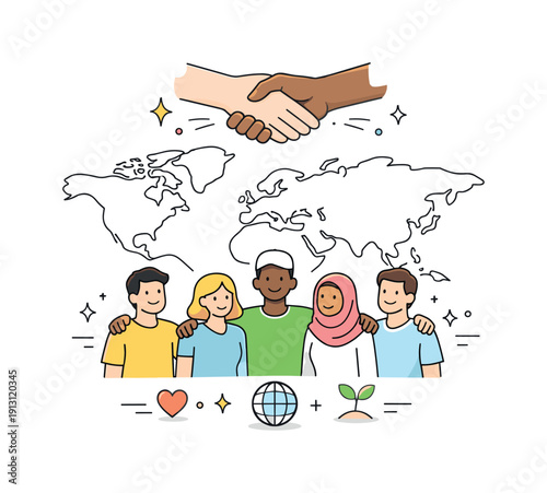 Nonprofit global mission. A symbolic scene of hands connecting across borders, people standing together beneath a simplified world outline.