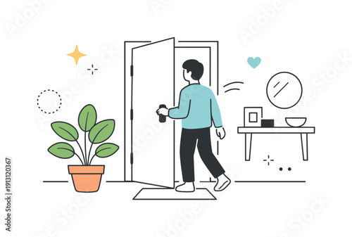 Incorporating plants in entryways for a welcoming feel. Person opening the door to a bright entryway with a potted plant nearby, calm and