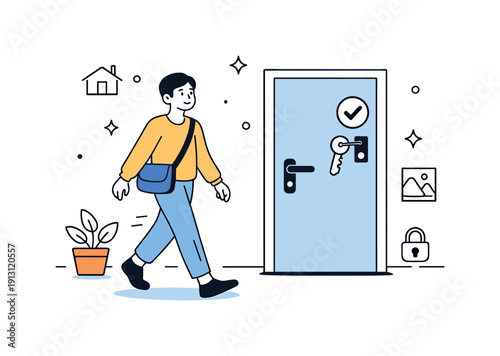 Leaving home safely. A person stepping away from the door after locking it, relaxed posture and calm mood. Friendly editorial scene about