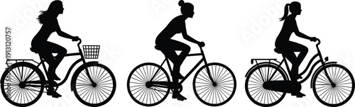 Woman riding bicycle silhouette, female cyclist on bike, active girl sport collection, vector illustration isolated on white background.