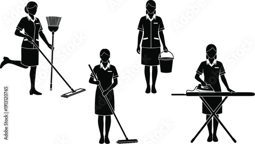 Professional Housekeeping Staff Silhouettes Featuring Maid Cleaning with Mop, Broom, Bucket and Ironing Board Vector Illustration Set