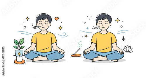 Mindful breathing practice. A person inhaling and exhaling slowly, hands resting on knees, fully focused on the present moment. Relaxed