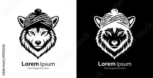 Logo design in the form of a wolf's head wearing a blangkon