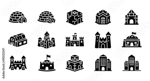 Collection of monochrome icons depicting various architectural structures