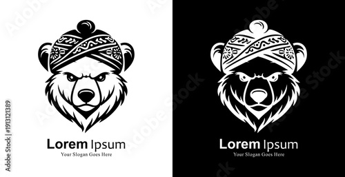 Logo design in the shape of a bear's head wearing a blangkon