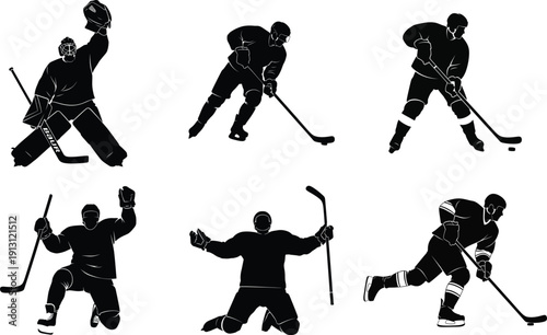 Dynamic silhouettes of ice hockey players in various action poses on the rink