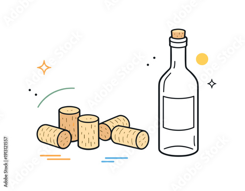 Natural wine cork material. Several corks arranged neatly beside a wine bottle, texture suggested with simple lines, feeling of natural and