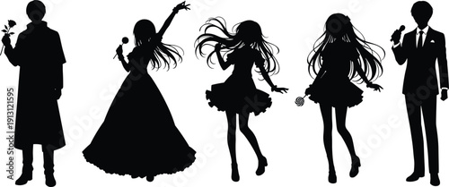 Singer and Idol Silhouettes Set Featuring Male and Female Performers Dancing with Microphones Vector Illustration Collection Design