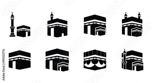 Stylized depictions of the kaaba in various orientations and views
