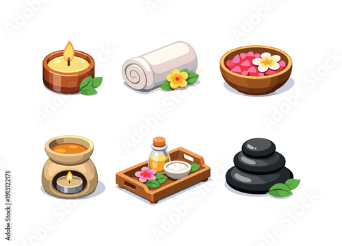 Spa relaxation. Isometric flat vector icons set of spa relaxation: massage candle, rolled towel, flower petals bowl, oil candle lamp, wooden