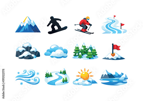 Alpine adventure. Colorful flat vector icons set of alpine adventure: mountain summit, snowboard rider silhouette, skier downhill, winding