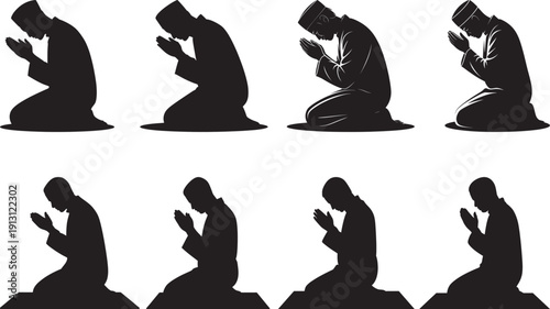 Vector silhouette set of eight Muslim men in various prayer poses, kneeling and bowing, isolated on a white background for religious or cultural designs.