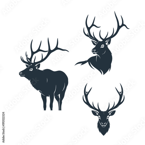 Set of Elk Deer Silhouettes Vector Illustration.
