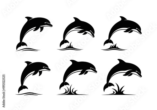 Set of Six Black Dolphin Silhouettes Leaping from Water.