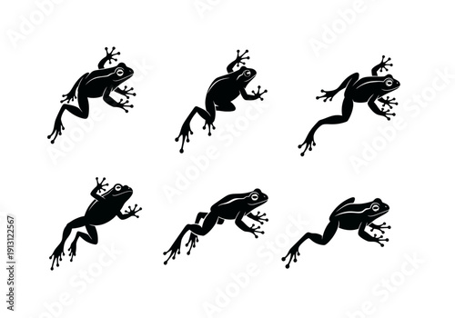 Set of Six Black Frog Silhouettes in Dynamic Poses.