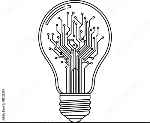 Minimal monoline vector of light bulb with circuit pattern inside, innovation and creative technology idea black and white on white background 