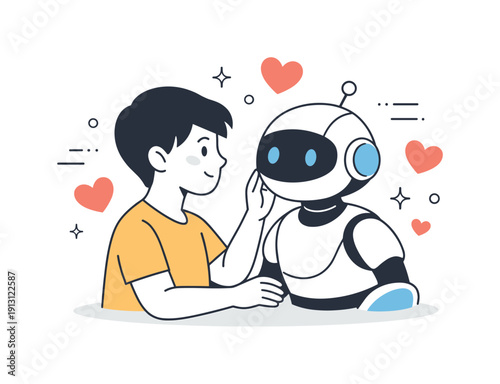 Human-Robot Harmony. Emotional connection with artificial minds. A human character gently interacting with a friendly synthetic being, soft gestures and