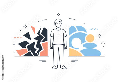 Inner transformation after trauma. A human figure standing calmly while abstract broken shapes behind them transform into smooth, balanced