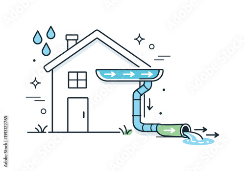Clean drainage system. A simplified scene of clear gutters guiding rainwater away from a house, leaves removed and flow icons visible.
