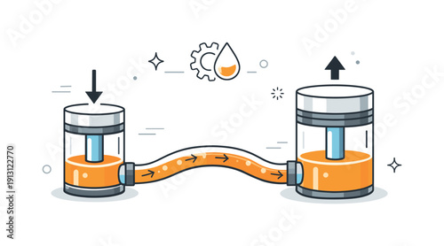 Fluid power transmission. Oil flowing through pipes connecting two pistons, transferring force smoothly. Abstract explanation of hydraulic