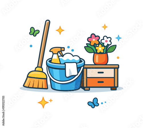 Spring cleaning concept centered on a tidy home corner with a broom, bucket, and fresh flowers symbolizing renewal and a fresh start. The