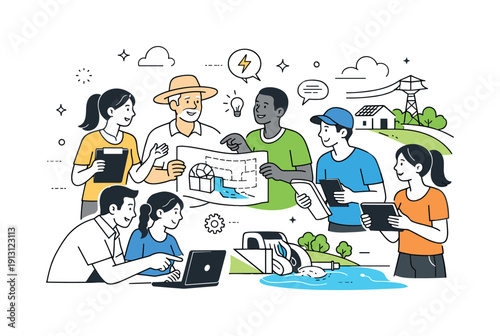 Community micro-hydro project. Several people collaborate near a small river installation, exchanging ideas and reviewing plans for shared