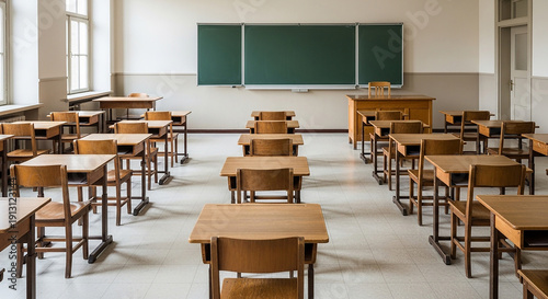 Wallpaper Mural Empty Classroom with Wooden Desks and Green Chalkboard school Torontodigital.ca