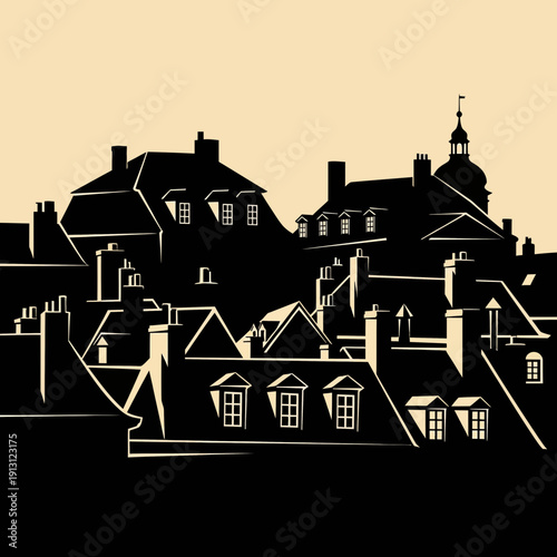 Silhouette of historic European rooftops with dormer windows and chimneys.