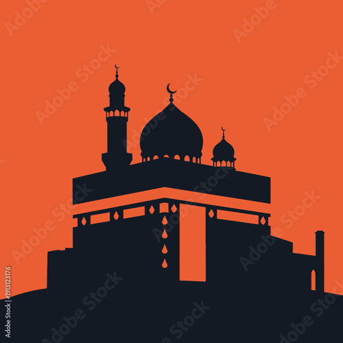 Silhouette of the Kaaba in Mecca with a mosque minaret.