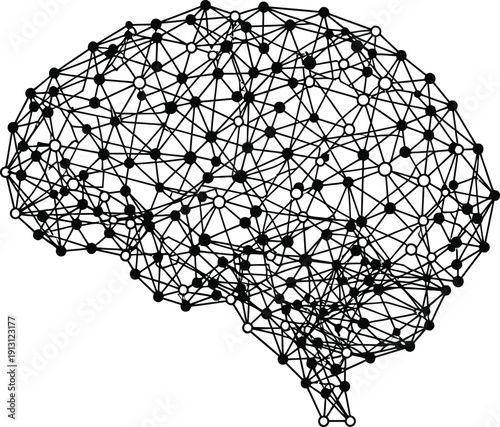 Black and white minimal line vector illustration of artificial intelligence brain made of connected nodes and lines, clean geometric tech design, white background 