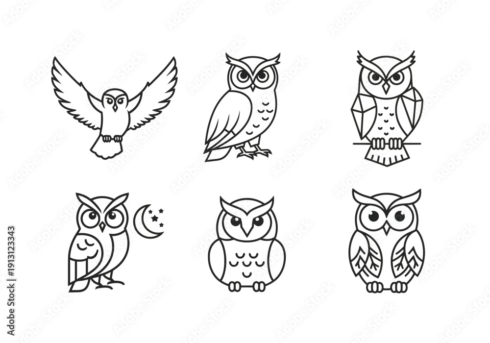 Fototapeta premium Set of six stylized owl illustrations in black and white line art.