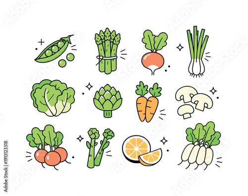 Spring vegetables set for editorial use. Individual vegetables are shown as simplified shapes, evenly spaced and easy to combine in layouts.