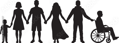 Family support silhouette with child and wheelchair user, inclusive community care concept vector illustration isolated background