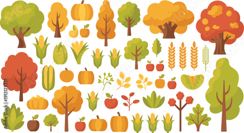 Autumn Harvest Nature Elements Set with Trees, Pumpkins, Corn, Wheat, Apples and Leaves for Fall Season Design Flat Vector Collection
