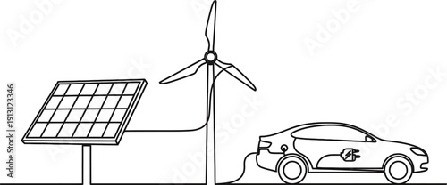 Minimal black line vector illustration showing solar panel, wind turbine and electric car in one clean composition black and white on white back ground 