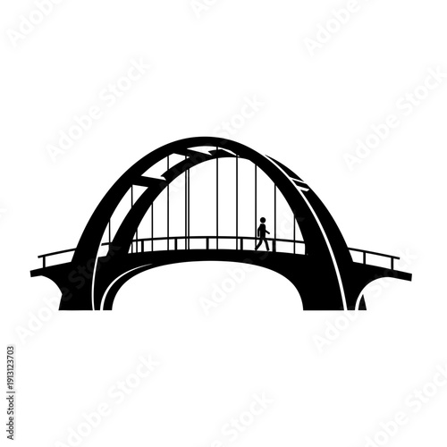 Silhouette of a person walking across a modern arch bridge.