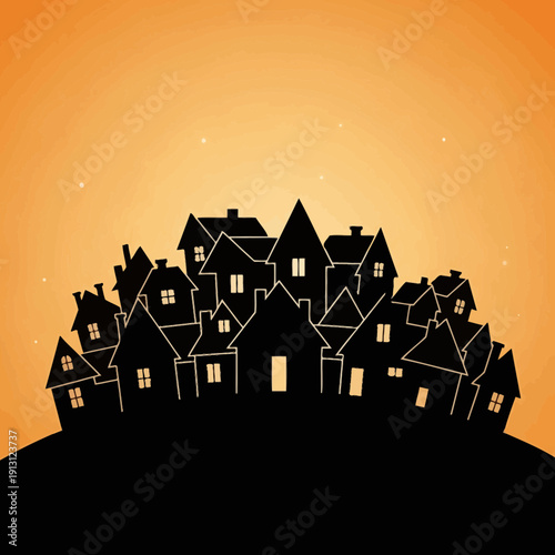 Silhouette of a Spooky Village on a Hill.
