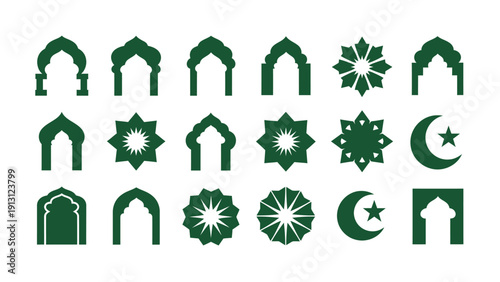 Collection of Islamic Arch and Star Symbols in Green.