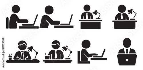 Office worker silhouette icon set, people working at desk with laptop. vector illustration eps 10