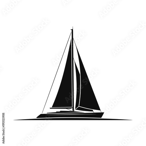 Sleek Black Sailboat Silhouette on White Background.