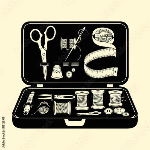 Vintage Sewing Kit Open With Tools.